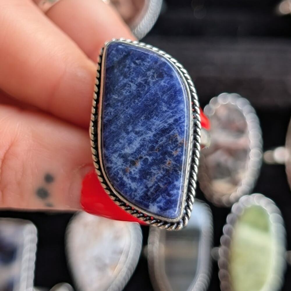 Vintage Silver Chunky Statement Ring Sz 8 Navy Blue Moody Groovy Southwest